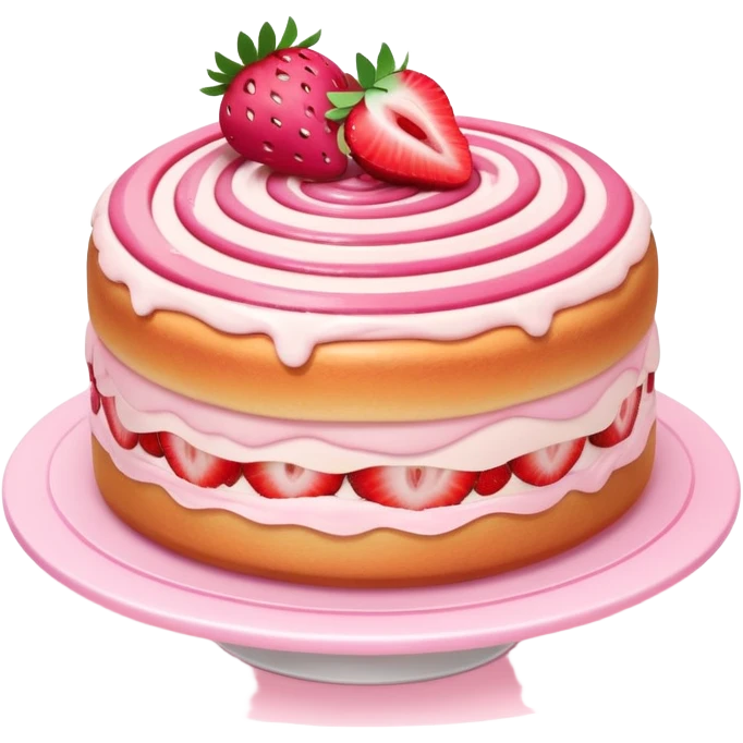 A fluffy strawberry cream roll cake with pink swirl and sliced strawberries on top, soft lighting, kawaii dessert style emoji
