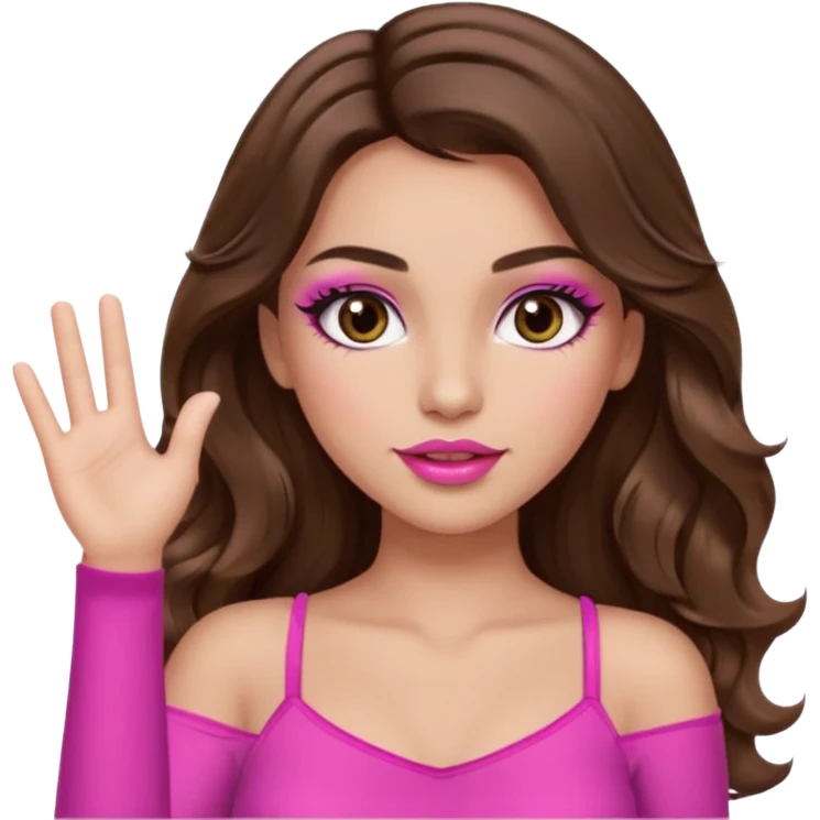 girl with long wavy brown hair, brown eyes, long lashes makeup, sexy pink lips, light to medium complexion, wearing a pink sexy top, one hand in the air high emoji