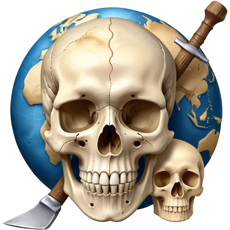 An icon featuring a human skull and fossilized bones, symbolizing the study of anthropology. The design includes archaeological tools like a pickaxe and brush, with a background of ancient artifacts and a globe. Transparent background emphasizes the exploration of human history and evolution. emoji