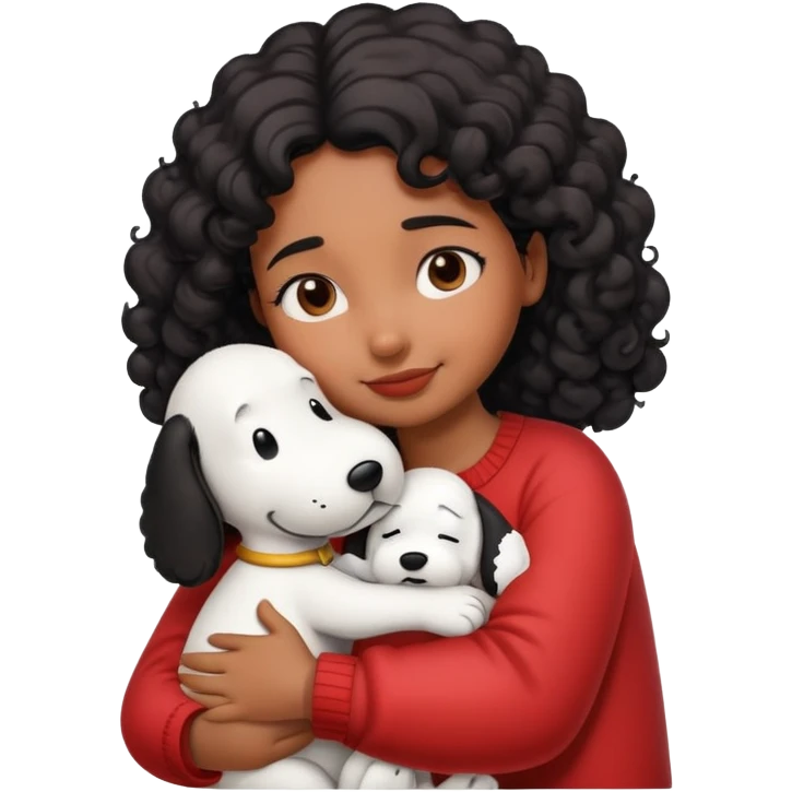 Girl with brown skin and curly black hair hugging snoopy emoji