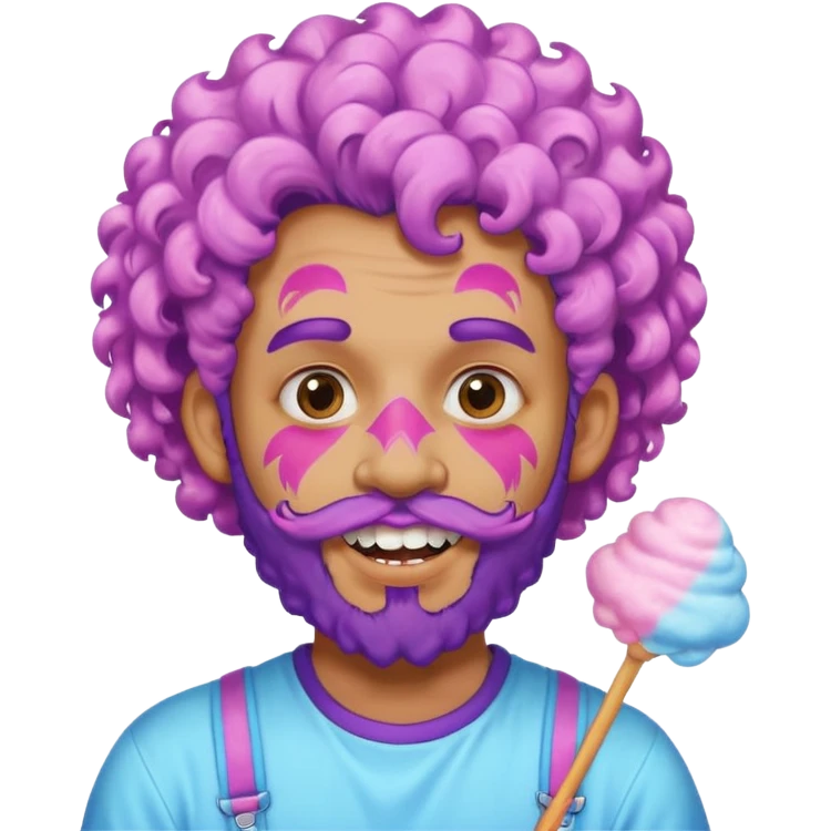 very colorful puffy violet curly haired man beard made out of cotton candy wearing teeth-braces and excessive face tattoos just face  emoji