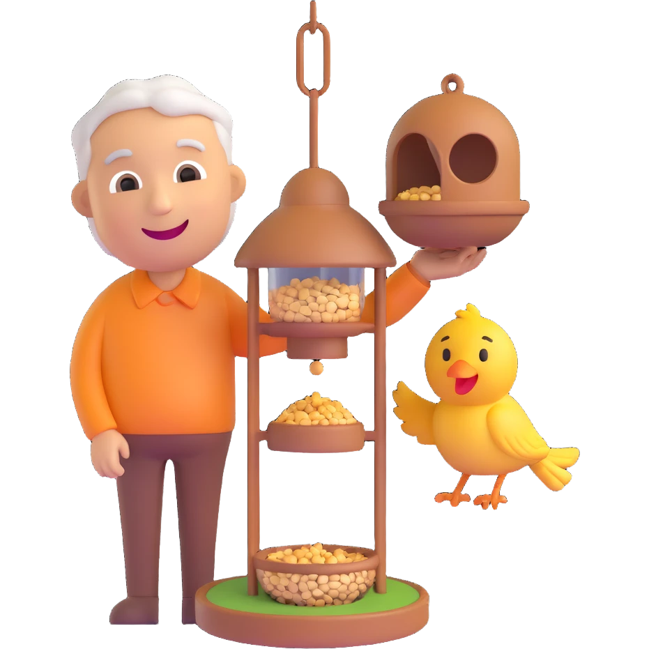 3D smiley emoji, round shape, grandfather with a bird feeder, brown color, smiling face emoji