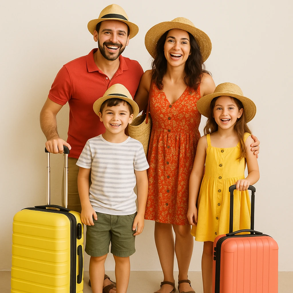 a family of Italian tourists, parents and two kids, wearing summer outfits, carrying suitcases, excited for vacation emoji