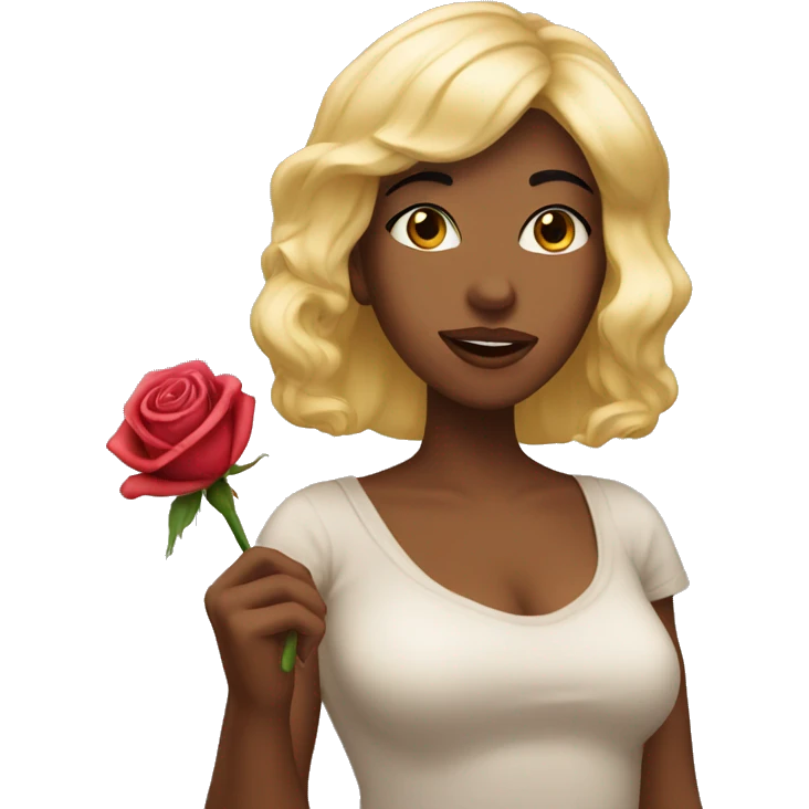 A blond women named rose, with dark hair bangs and making a kissy face, while holding a rose in her hand emoji