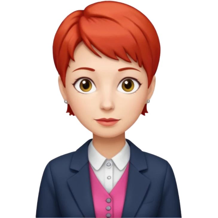 accountant older with red short hair without glasses, modern clothes, girly emoji