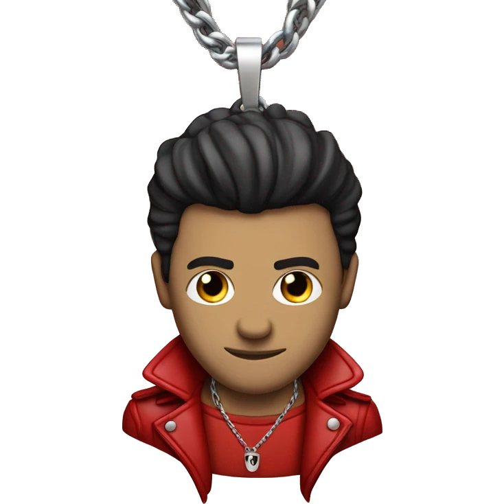 man with hair red, wearing a black leather jacket coupled with a bright red shirt underneath that had a winged skull imprint on the front of it. Additionally, he wore a single silver chain hanging down from his neck  emoji
