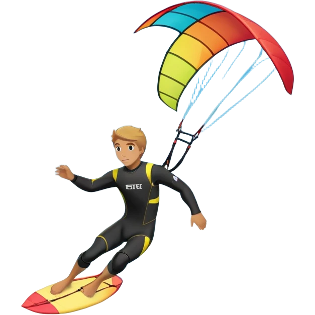 A kite surfer soaring above the waves, holding onto a kite with the wind in full force. The background showcases the ocean and sky, emphasizing the freedom, thrill, and energy of the sport. The motion of the kite and board is dynamic, capturing the excitement of kiting. emoji