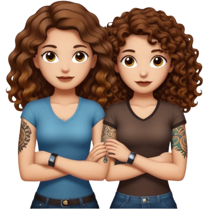 smug crossed arms — long wavy brown hair tattooed woman and short tight curly brown hair woman — glow aura emoji