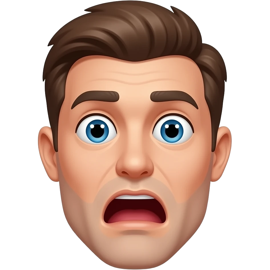 Close-up face of a man, expressive face, Shocked, clean background, sticker style, high contrast, bold outline, emoji style, transparent background emoji