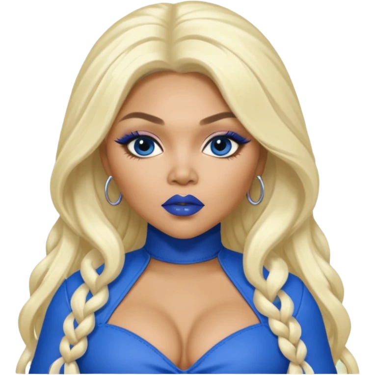 Lil Kim with long platinum blonde hair, blue lip and outfit emoji
