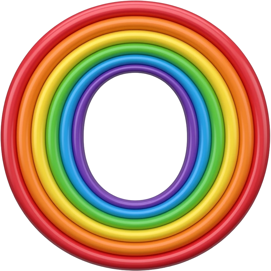 name "O" in neon orange, 3D style typography lettering, each color of the rainbow as a border outlined around each letter, isolated, 3d rendering, no emoji icons no emoji faces and must have no human figures emoji