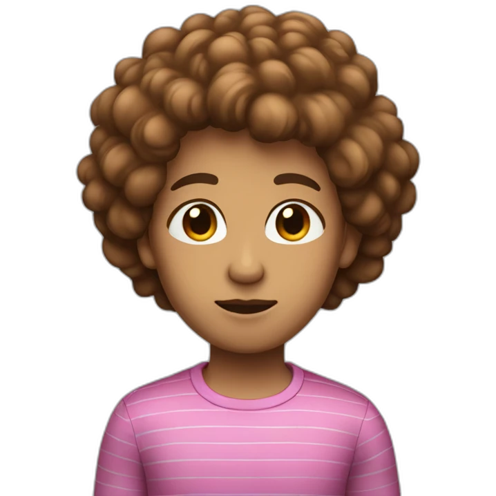 a human with brownpuffy  hair, a blue shirt with two pink stripes on it black pants and eyes-closed and mouth straight emoji