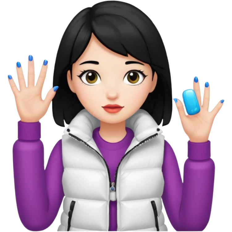 girl with black hair in a white puffer vest with nails emoji