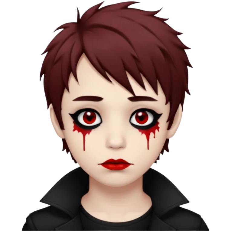 Happy pale Goth boy with shaggy brown hair, and messy black eyeliner , smudged, red, lipstick  emoji