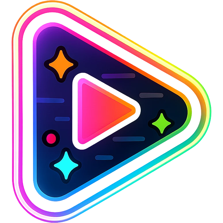 play icon with dark purple, blue, and black base, bright cyan, pink, yellow, green, orange accents, complex gradients, stars, bright neon border, modern clean play symbol, glow and lighting effects, sophisticated futuristic icon style emoji