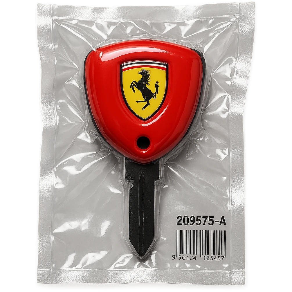 classic Ferrari car key, red with black accents, Ferrari logo, glossy and puffy emoji