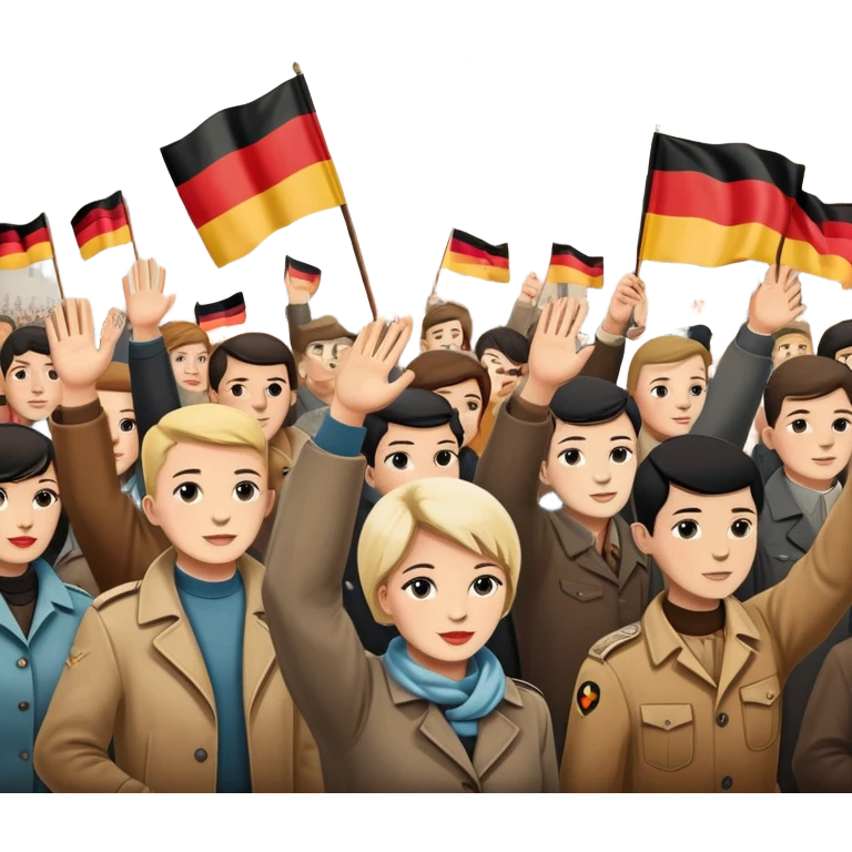 group of protesters, some waving East and West German flags, Berlin Wall behind, 1950s and 60s emoji