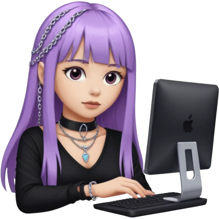 lilac girl with long hair and bangs worker and acessories with a pc worten the clothes black like an alternative emoji