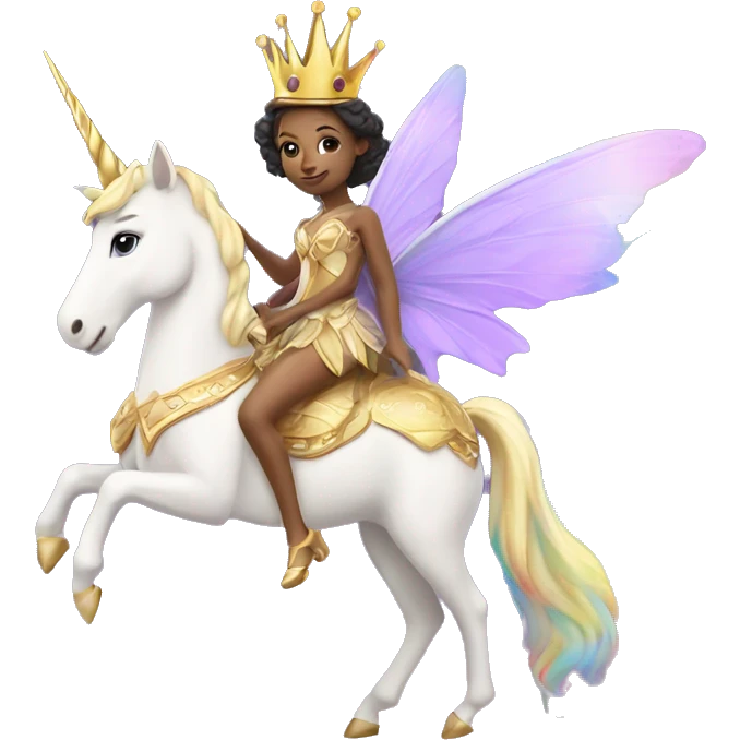 A fairy queen with purple wings and a golden crown riding a rainbow unicorn ￼ emoji