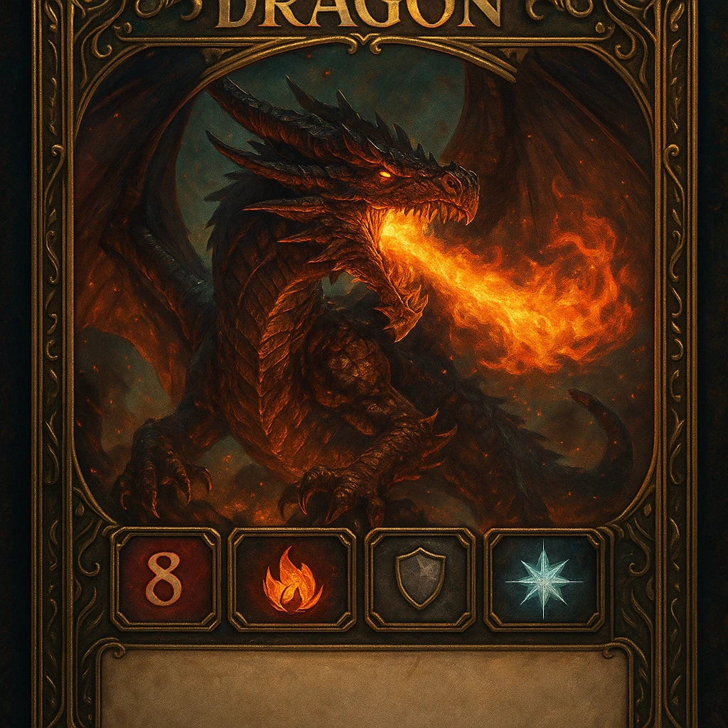 fantasy RPG card of a fire-breathing dragon, visible stats for health, fire, armor, special power, description box, intricate ornate card design, glowing effects, dynamic composition, rich fantasy details emoji