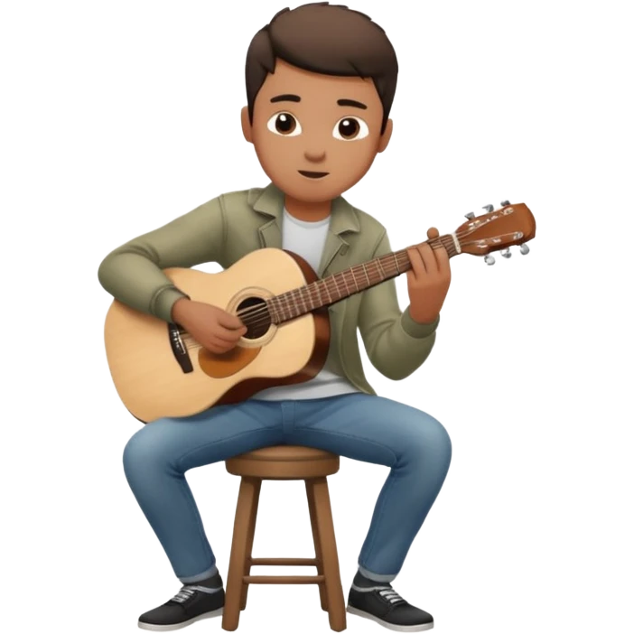 Young man – sitting on stool, casual clothes, playing acoustic guitar, focused expression.
 emoji