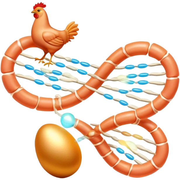 Golden egg, bright salmon, chicken, and tofu floating around a glowing DNA strand. Golden muscle fibers extend from the foods, showing how complete proteins build and repair the body. The entire scene has a magical glow representing essential amino acids. emoji