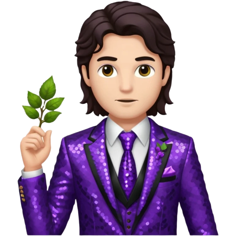 Dionysus from Greek Mythology with long dark brown hair, purple sequin suit jacket and tie, black shirt emoji