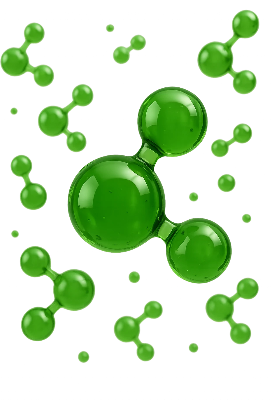 molecole chimiche verde acido fluttuano in aria, iperrealistiche 4k emoji
