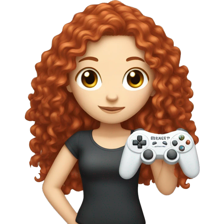 a white girl with long red curly hair, holding a controller emoji