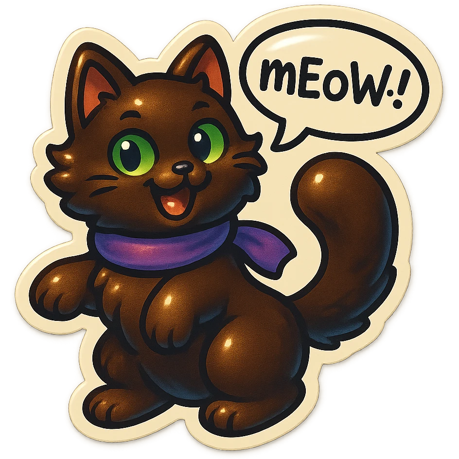 Fluffy cute playful silly smiling happy dark-brown cat with green eyes and a purple scarf saying ‘mEoW~!’ (With a speech bubble) emoji