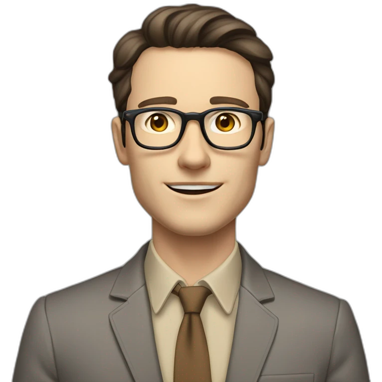 Full height Pale skinned Fit Man With dark brown hair in gray classic jacket, beige office shirt, Brown pants and vintage glasses. Thrumbs of his palms upwards emoji