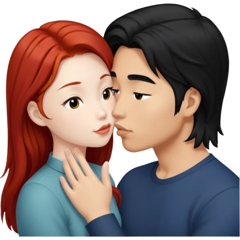 snow falls long black haired asian guy kissing redhead girl emoji