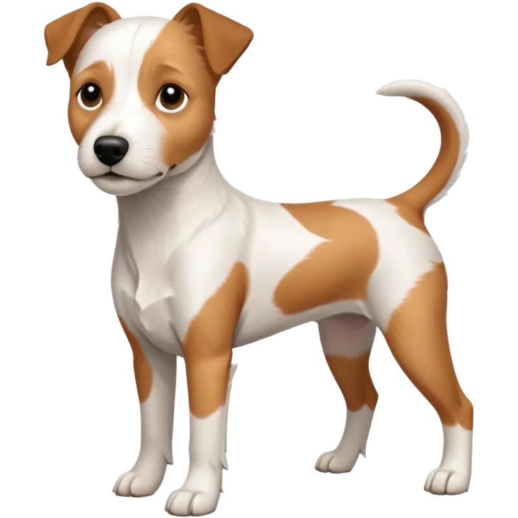 a full body white parson russell looking dog the size of a kelpie with light brown ears and a light brown patch on one eye and a large snout emoji