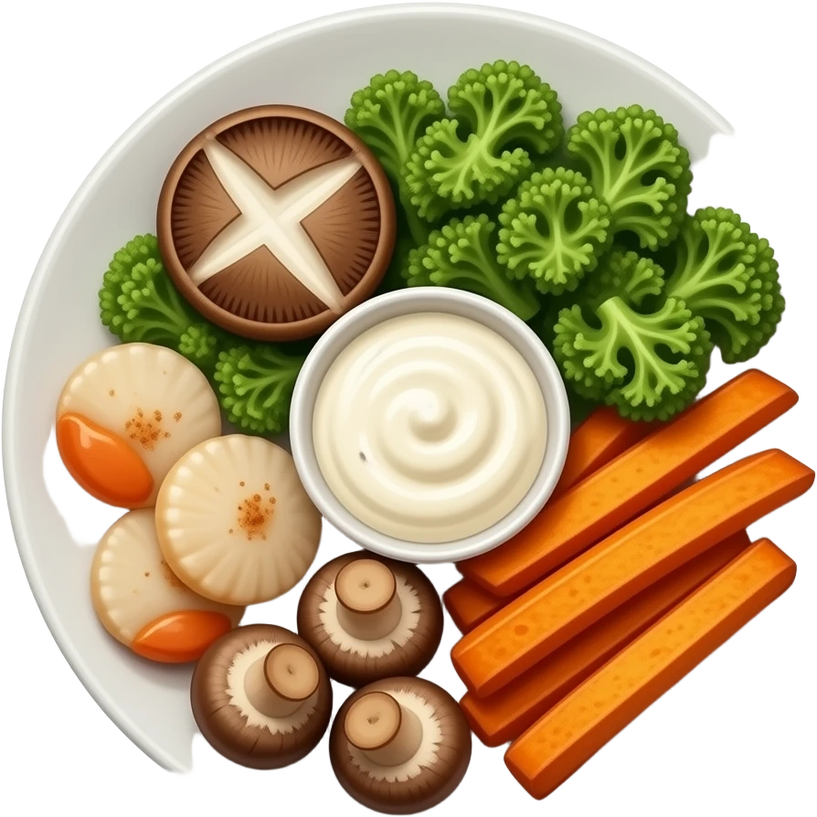Realistic plate of sweet potato fries, kale, scallops, mushrooms and sour cream emoji