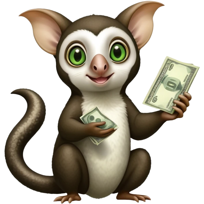 Black and white Flying lemur with big ears pointing up and green eyes named momo with money emoji