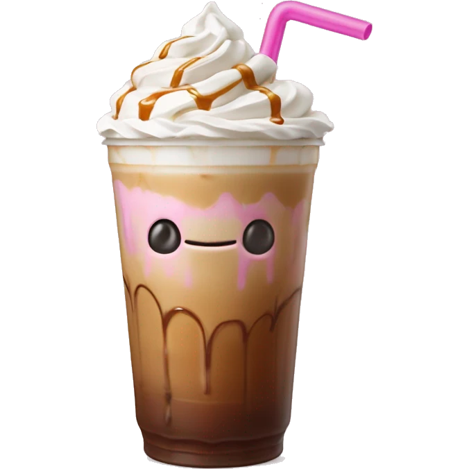 Caramel iced coffee with whipped cream and caramel drizzle with light pink straw emoji