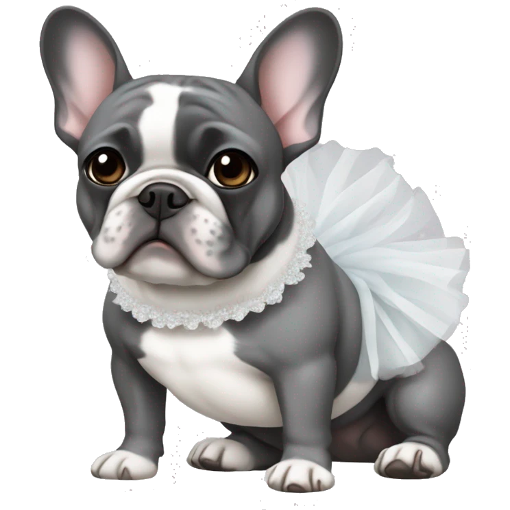 A grey and white French bulldog wearing a tutu emoji