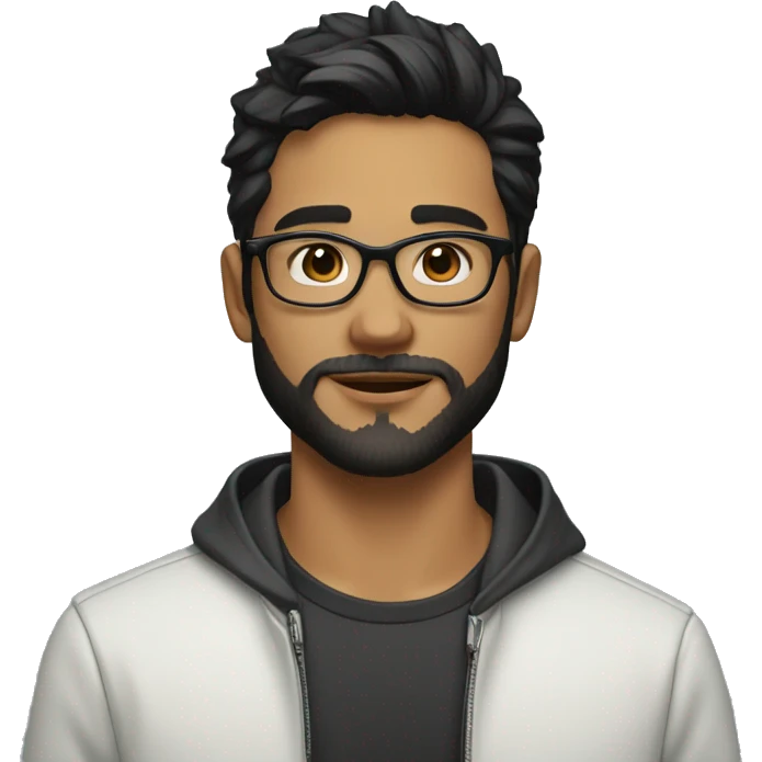 A beautiful  young man with black and medium hair and white skin and beard, wearing round glasses and jacket emoji