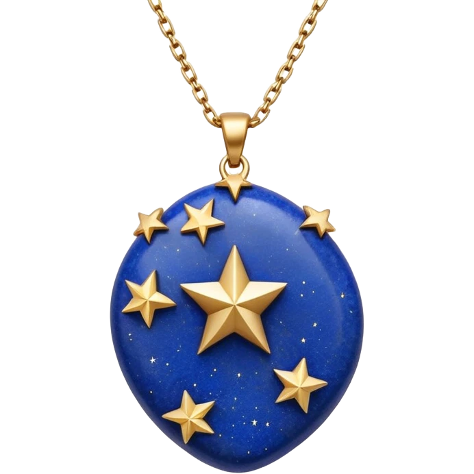 lapis lazuli stone in original form, cradled by a shimmering gold chain, surrounded by tiny stars emoji
