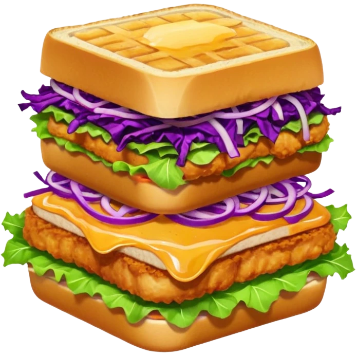 Burning hot, spicy,  stacked chicken sandwich — two thick golden toast slices, a crispy breaded chicken fillet, green lettuce, and purple cabbage slaw, with glossy dark sauce dripping down the sides. emoji