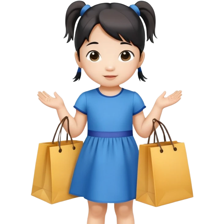 Asian toddler girl in 2 pony tails in blue dress holding a shopping bag emoji