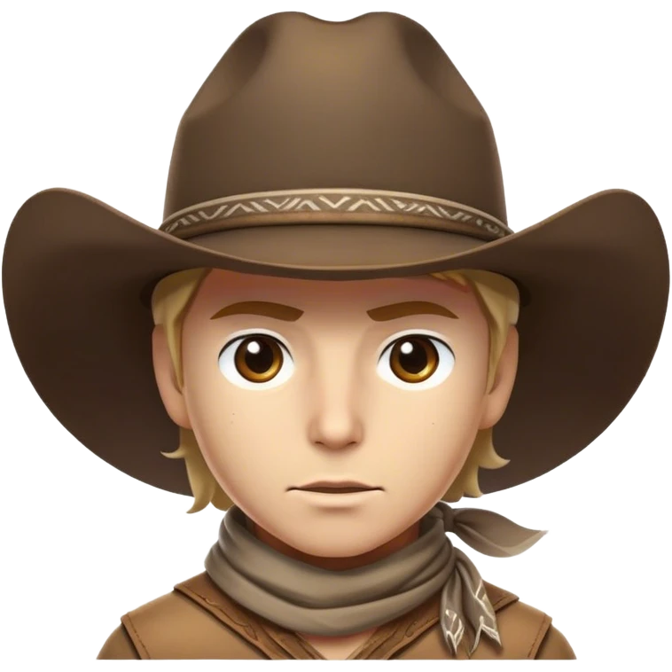 Clash of Clans aesthetic friendly Cowboy Portrait Emoji, With a rugged yet stylized build wearing a classic wide-brimmed hat and bandana, his face rendered in a natural skin tone (not yellow), determined eyes and a steely gaze, Simplified yet dynamic features, highly detailed, glowing with a warm, sunlit frontier radiance, high shine, brave and spirited, stylized with an air of Wild West heroism, focused and ready, soft glowing outline, capturing the essence of a fearless cowboy adventurer ready to ride into epic quests! emoji