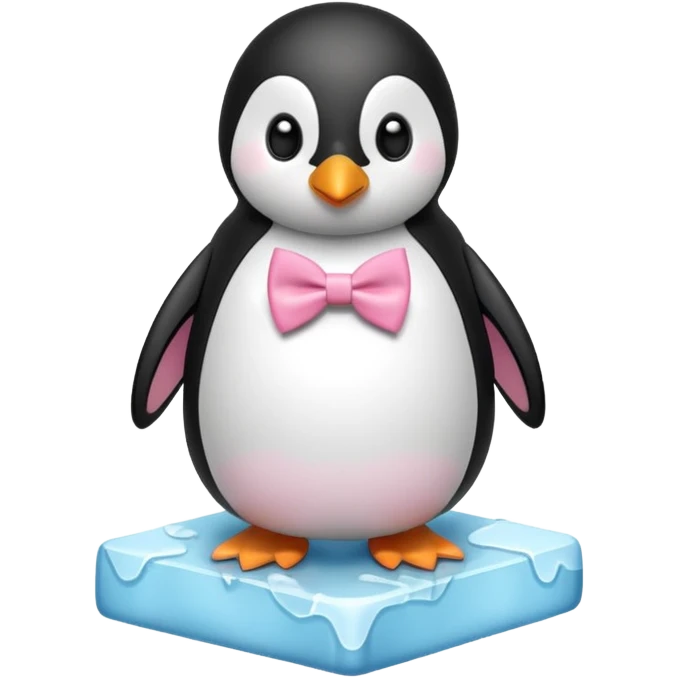 penguin, pink bow tie, standing on small ice melting block emoji