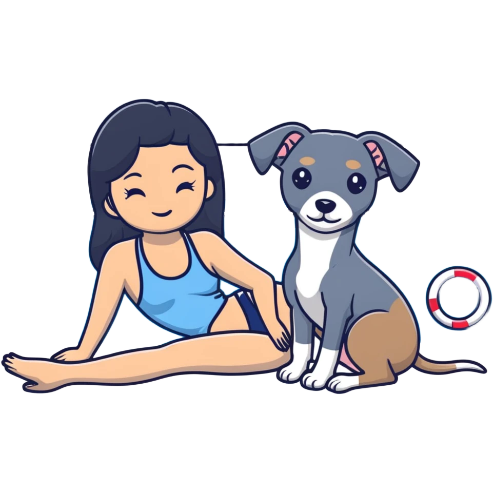 Slim Chinese woman with long black hair in appropriate pool attire relaxing by a swimming pool with her Italian greyhound that is COMPLETELY solid grey, with absolutely NO white markings anywhere, single uniform grey color throughout entire dog body emoji