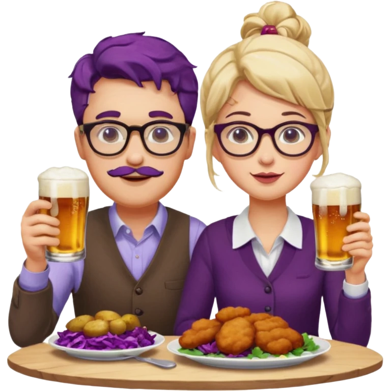 German man with glasses and woman with glasses eating schnitzel, red cabbage, potatoes, and drinking a beer emoji