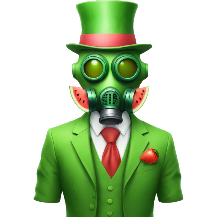 Green man with gas mask and watermelon top hat and suit emoji