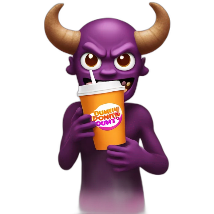 a demon holding a dunkin donuts coffee cup emoji