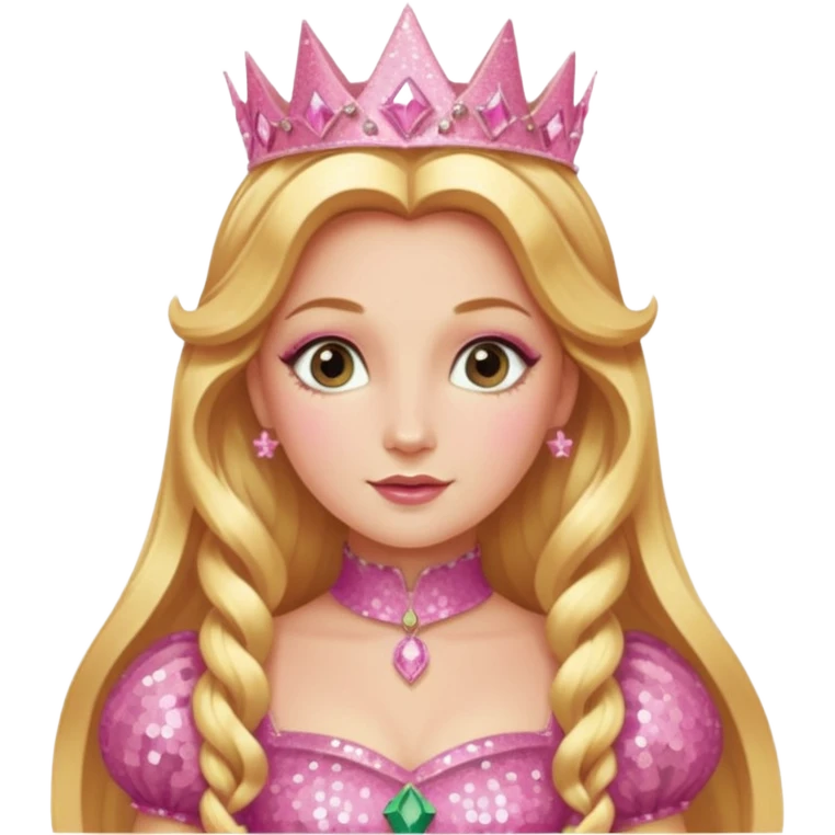 Glinda from The Wizard of Oz with long golden blonde hair, pink sequin outfit emoji