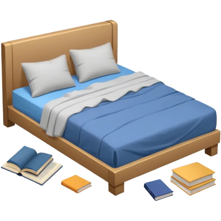 messy bed with a wrinkled blanket, the pillow out of place on the floor. Around the bed, scattered items include a t-shirt, pants, and an open book on the floor. emoji