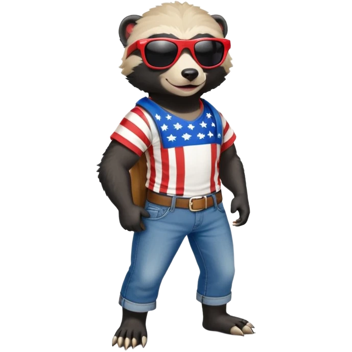 friendly anthropomorphised honey badger in jeans and a t-shirt, wearing sunglasses, dressed for USA Independence Day with red, white, and blue clothing emoji